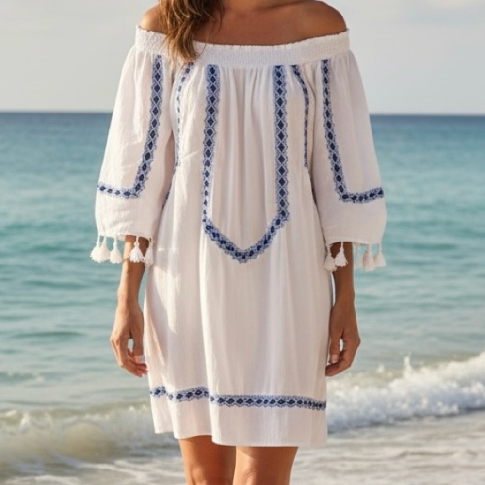 Smocked Neck/Shoulder Embroidered Detail Gauze White Coverup Dress Small NWT